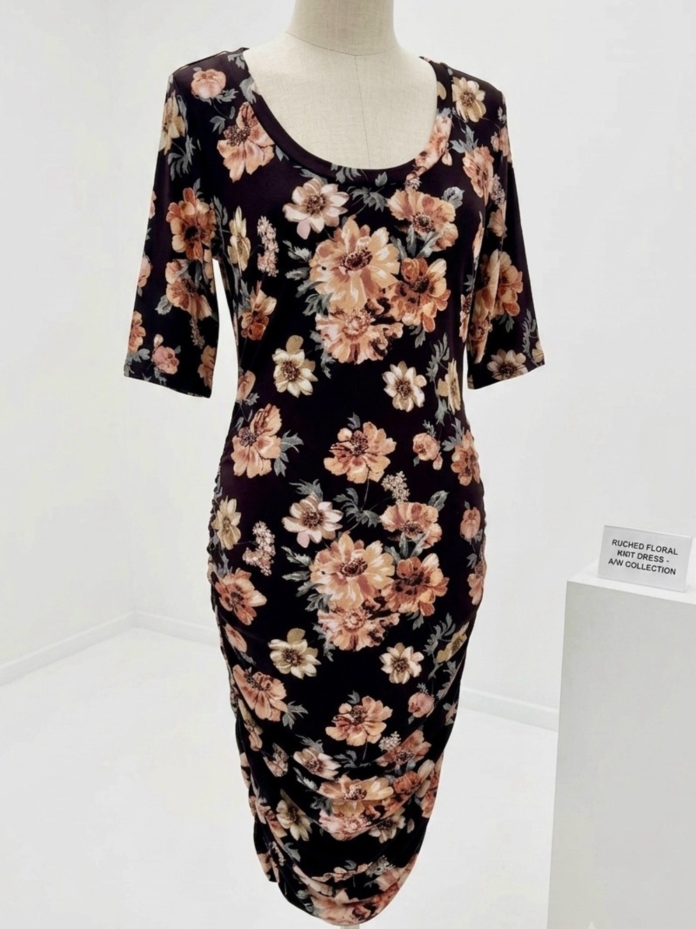 Rags and Couture| Black Midi Ruched Knit Dress w/Pink & Cream Floral Print Sz L